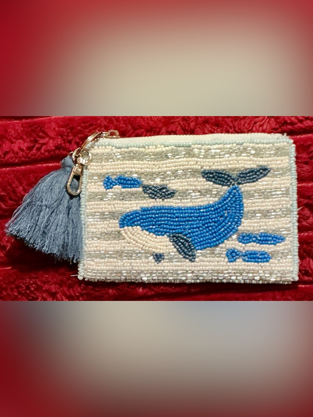 Beaded Whale Mini Bag with Tassel - Blue & Cream
